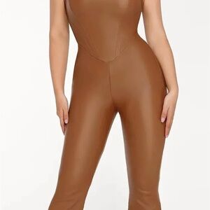 Boot Cut Faux Leather Jumpsuit - Brown